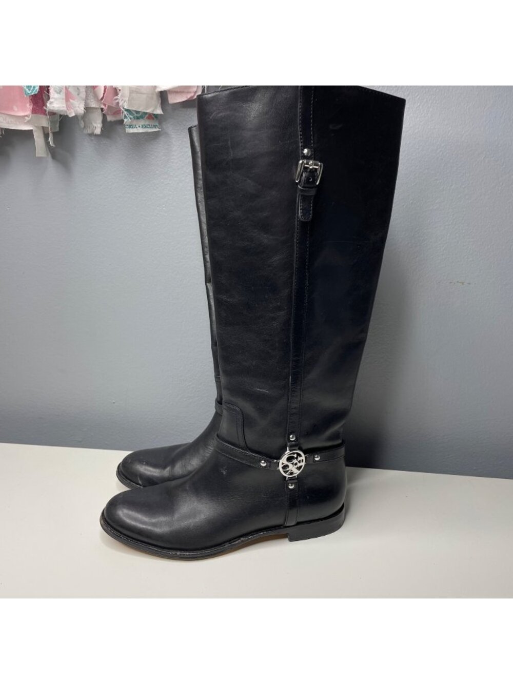 COACH black leather riding boots with logo buckle size 6.5